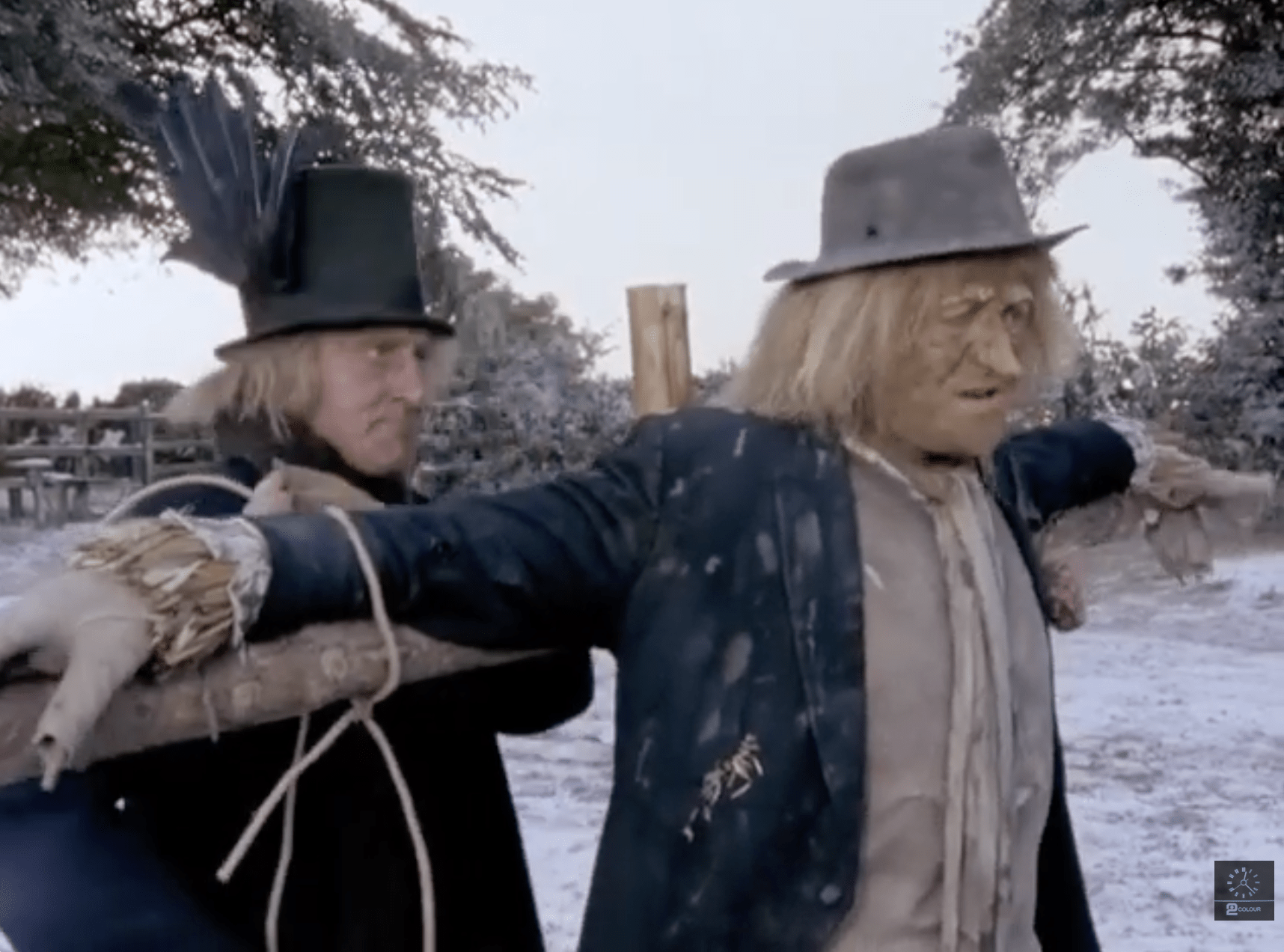 Still from the TV show Wurzel Gummidge showing Wurzel and the Crowman