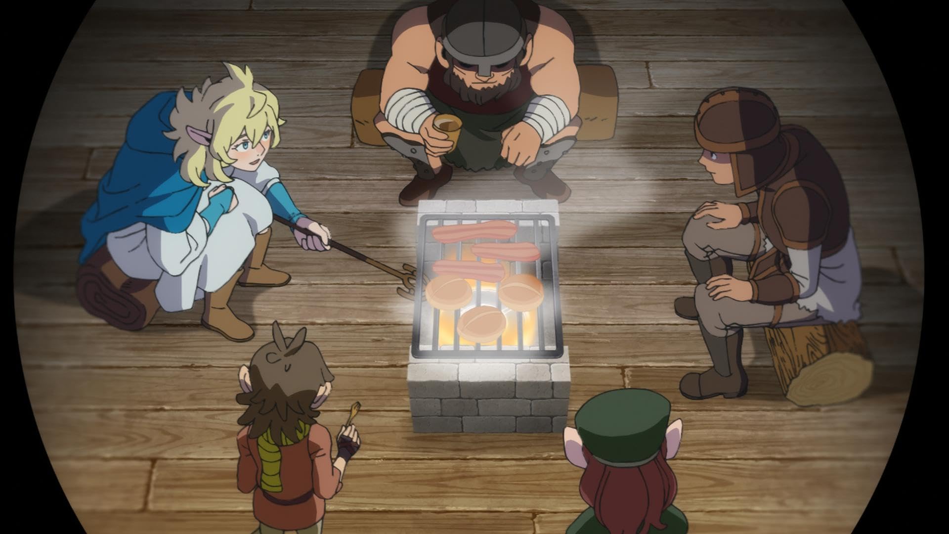 Still from Delicious in Dungeon - the characters all sit around a griddle where they are cooking sausages