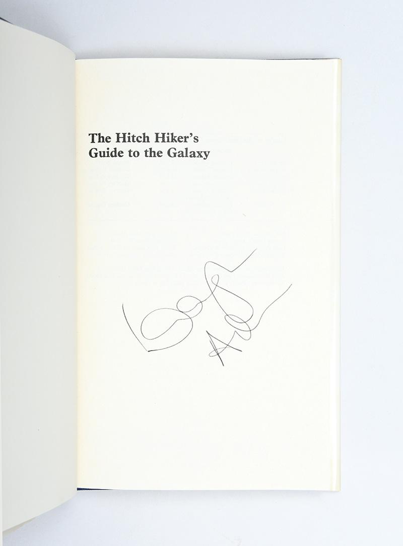 signed inner frontispiece of Douglas Adams' The Hitch-Hiker's Guide to the Galaxy