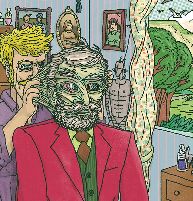 an illustration of a man wearing a monocle stretching the skin over the face of a cadaver that he is preparing for a mannequin contest.