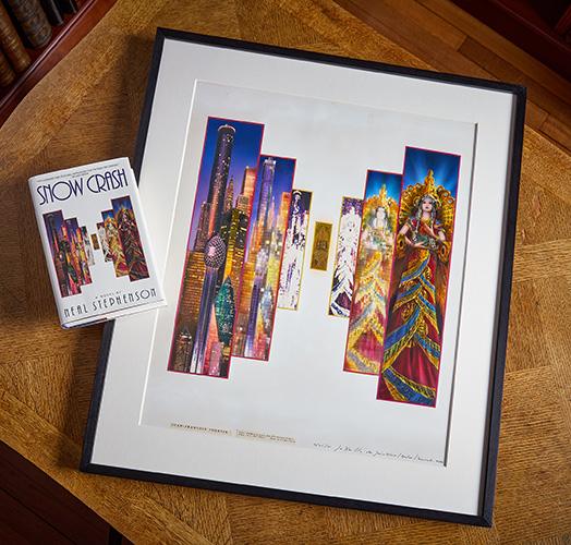The original art for Snow Crash by Neal Stephenson, in a frame, along with a first edition hardback using that art.