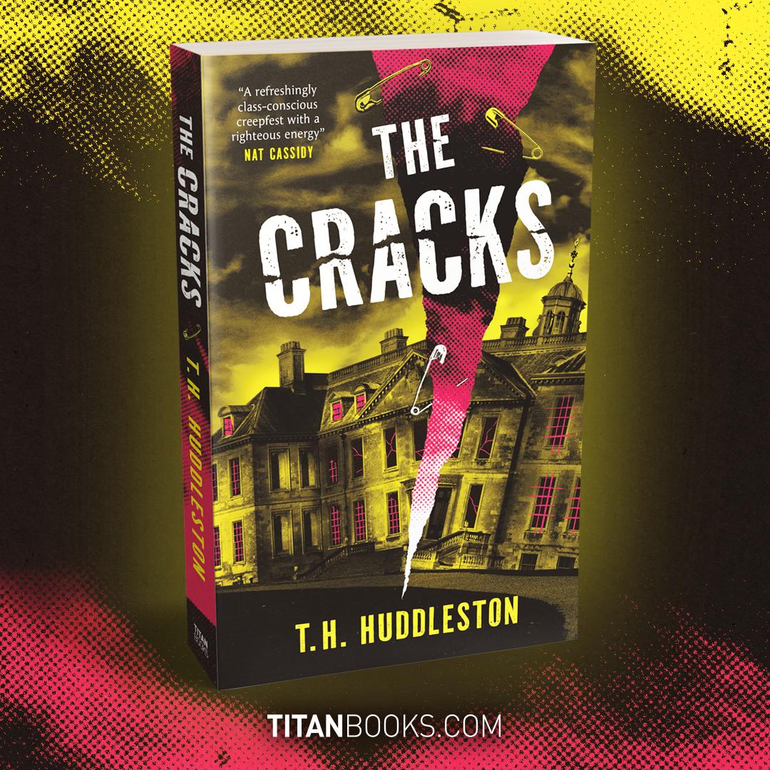 A marketing graphic featuring the novel The Cracks by TH Huddleston