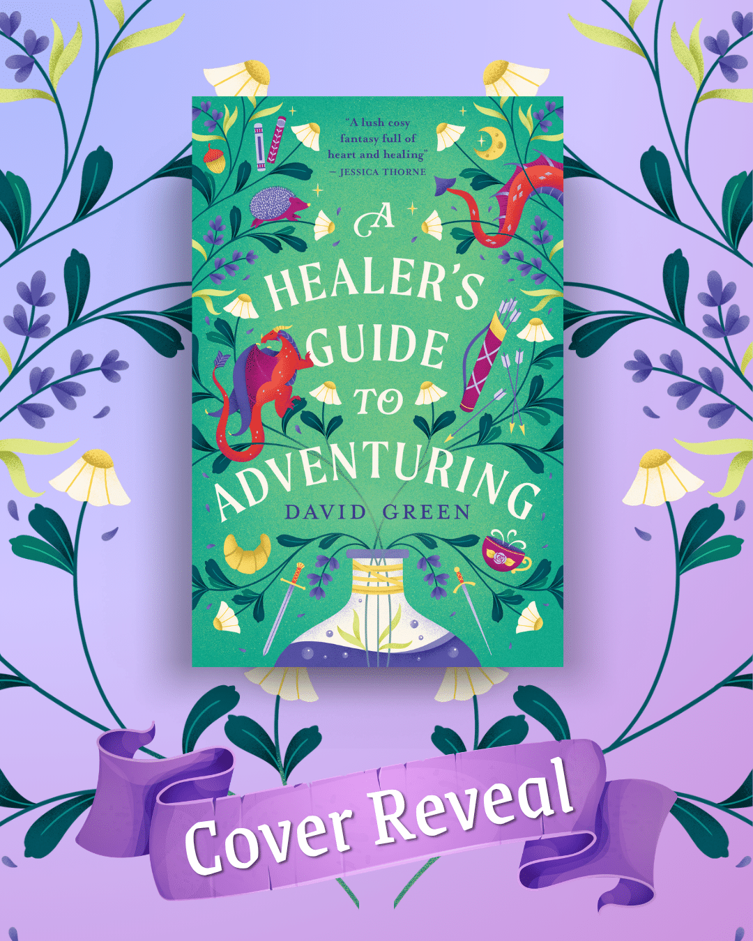 The cover of A Healer's Guide to Adventuring by David Green sits on top of a purple background decorated with flowers
