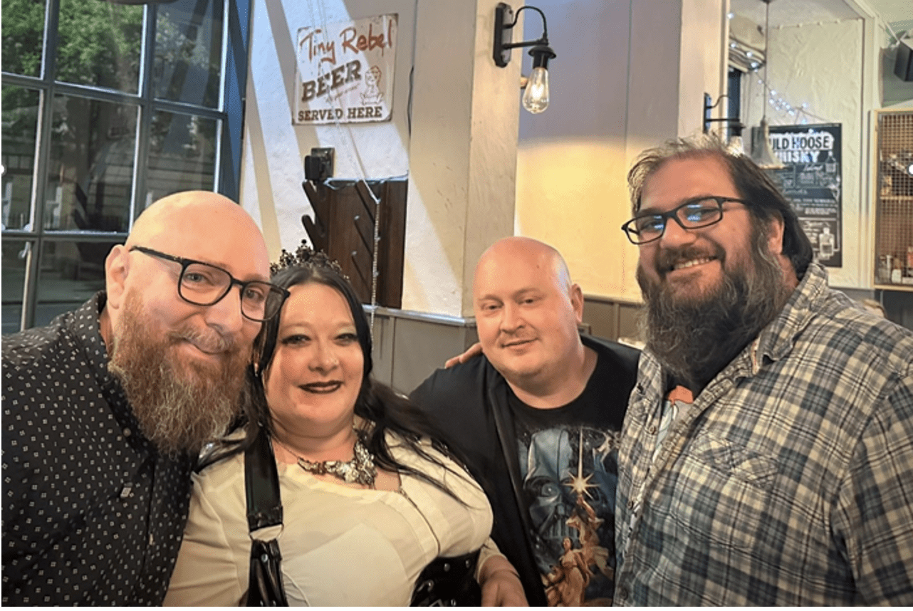 David Green, Shona Kinsella, Adrian Fletcher, and Omar Kooheji in a bar