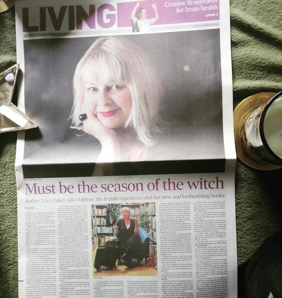 A page from a broadsheet newspaper features a full-page interview with Tracy Fahey