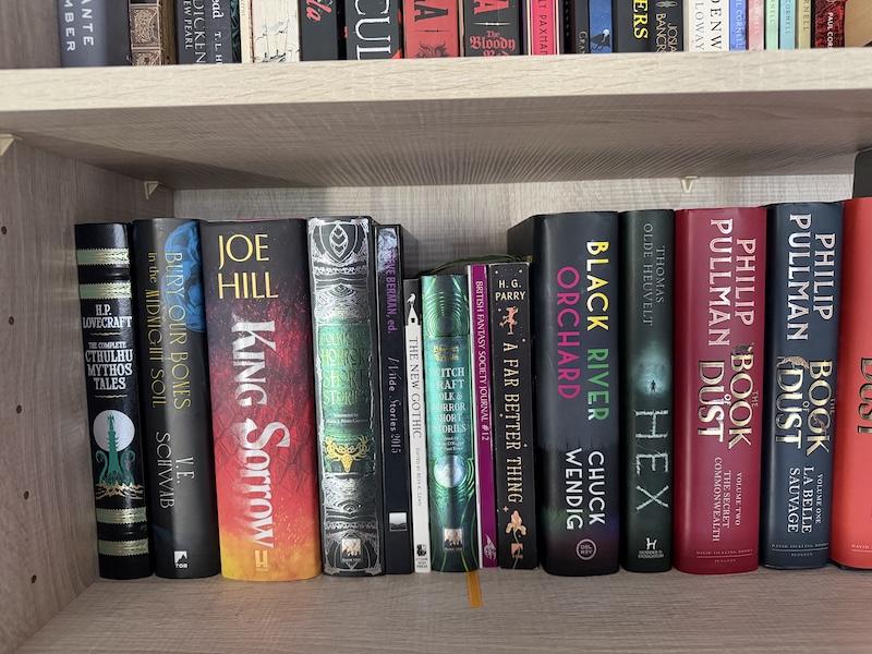 Books by Joe Hill, Chuck Wendig, Philip Pullman, and others on a bookshelf