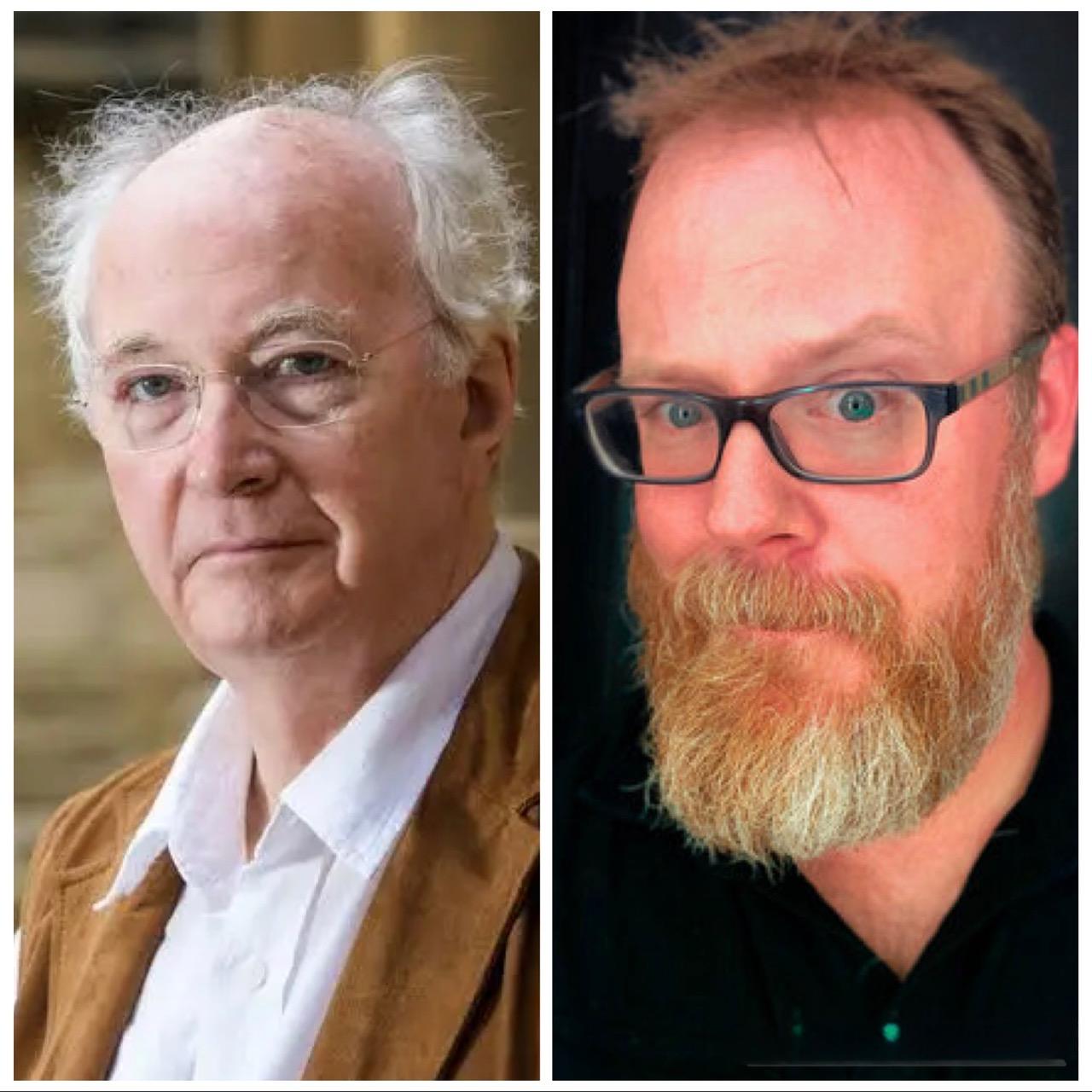 A composite image of Philip Pullman and Chuck Wendig