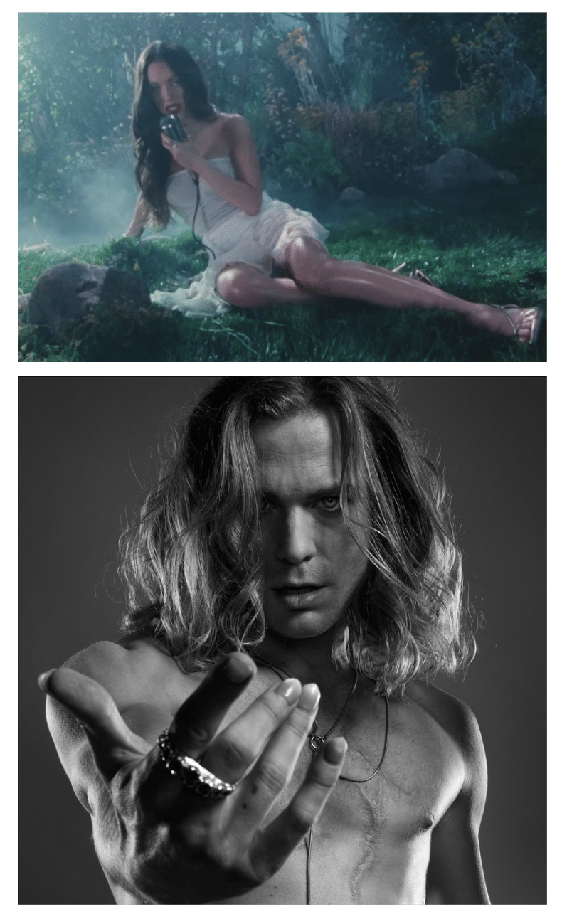 Two images combined: one shows musician Olivia Rodrigo on set of her Vampire film clip; the other shows actor Sam Reid as the Vampire Lestat