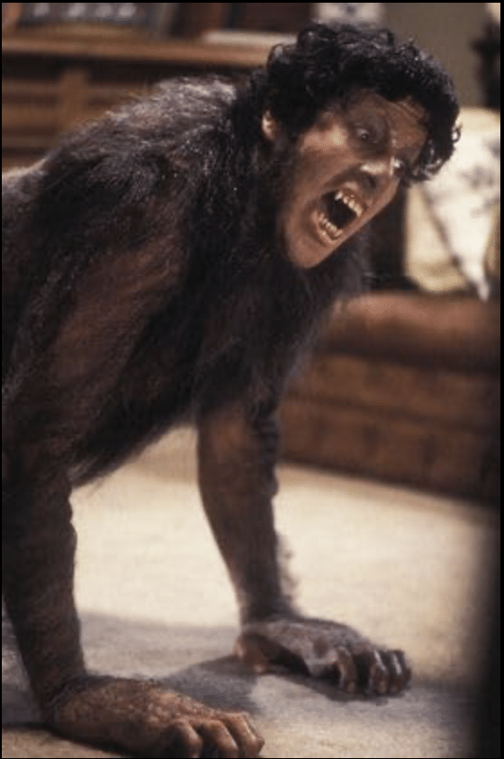 A still from An American Werewolf in London, showing the main character mid-transformation